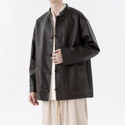 #305A-JK205# Vintage PU leather button-up hand-stitched stand-up collar jacket