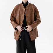 #305A-JK205# Vintage PU leather button-up hand-stitched stand-up collar jacket