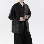 #305A-JK203# Retro PU leather jacket with wind disk buckle