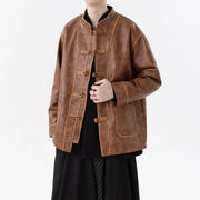 #305A-JK203# Retro PU leather jacket with wind disk buckle