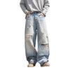 #K11-H3857-ST# American Retro Washed Distressed Ripped Patchwork Wide-Leg Jeans