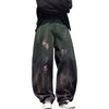 #K11-H3916-ST# American Retro Lightning Print Denim Curved Pants