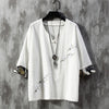 #A087-1-YM907# Ancient Style Crane Embroidery V-Neck Short-Sleeved Top