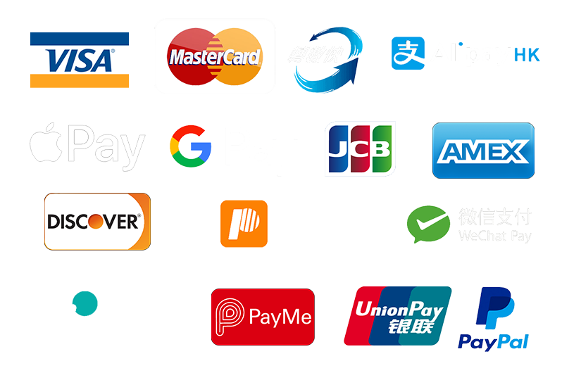 Payment methods accepted: Apple Pay, Alipay, Macau Pass, FPS, Google Pay, MPay, PayPal, Visa, JCB, WeChat Pay, Mastercard, AMEX, UnionPay, Discover, PayMe